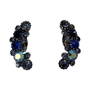 Vintage Karu Arke Blue Glass Prong Set Climber Clip On Earrings AB Rhinestone